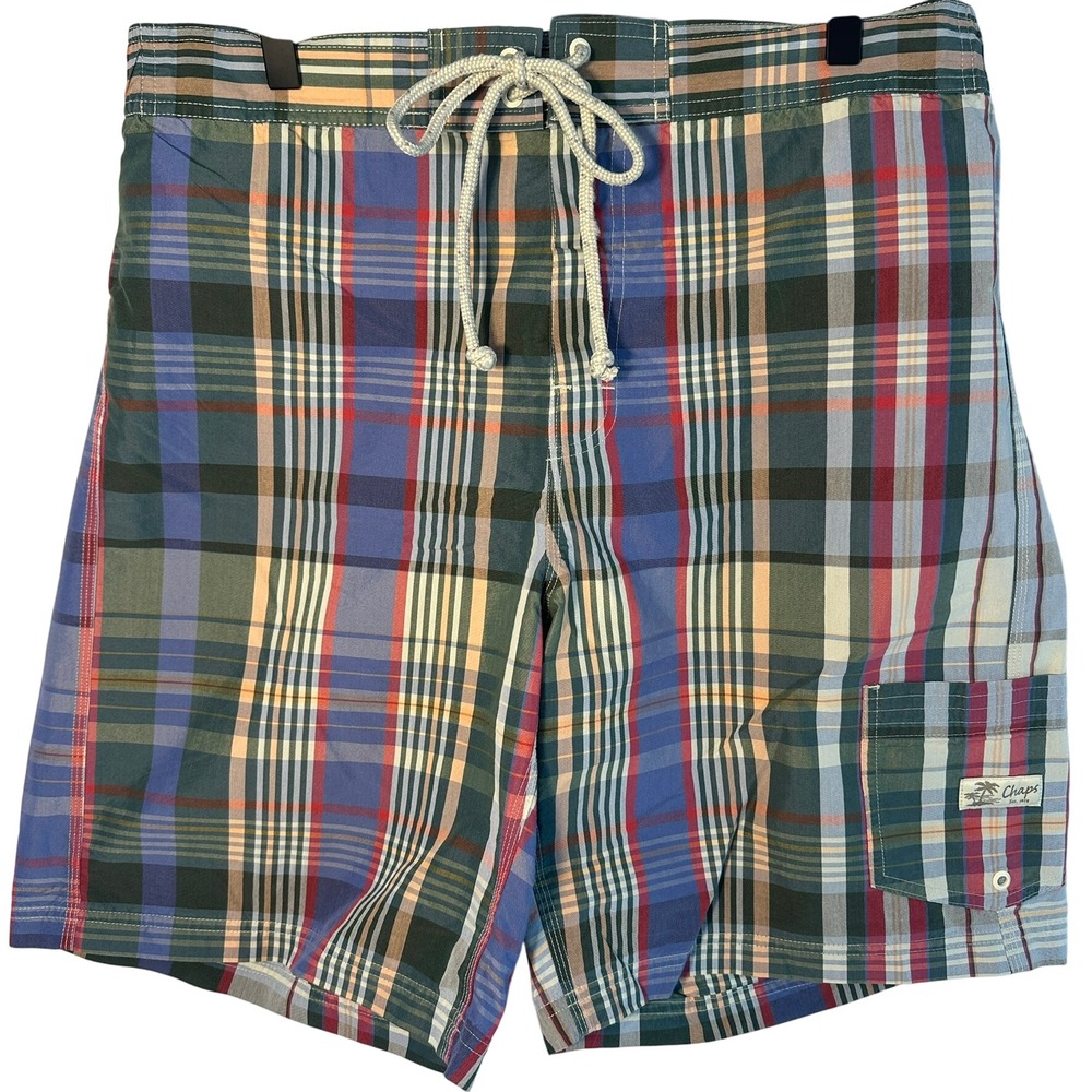 Chaps Plaid Board Shorts Mens XL Blue Red Green Cruise Resort Summer Ocean Beach